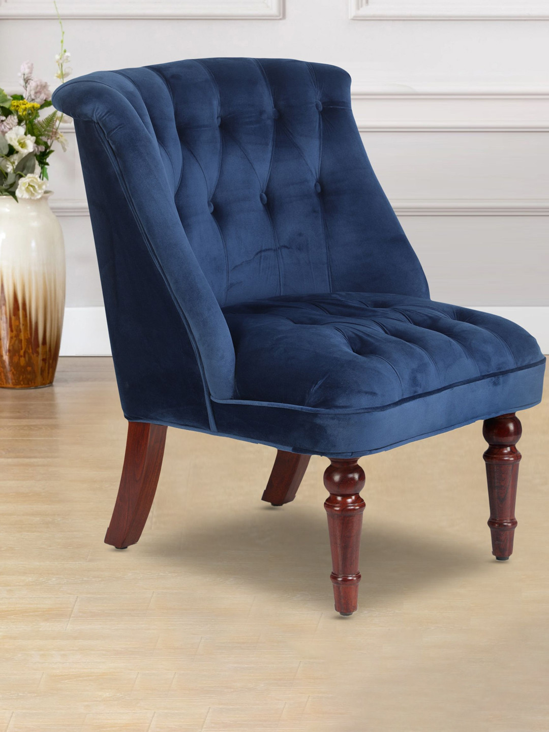 

GLOBALLY INDIAN Navy Blue Accent Wooden Lounge Chair