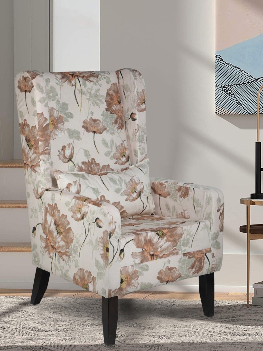 

GLOBALLY INDIAN White And Brown Wingback Wooden Lounge Chair