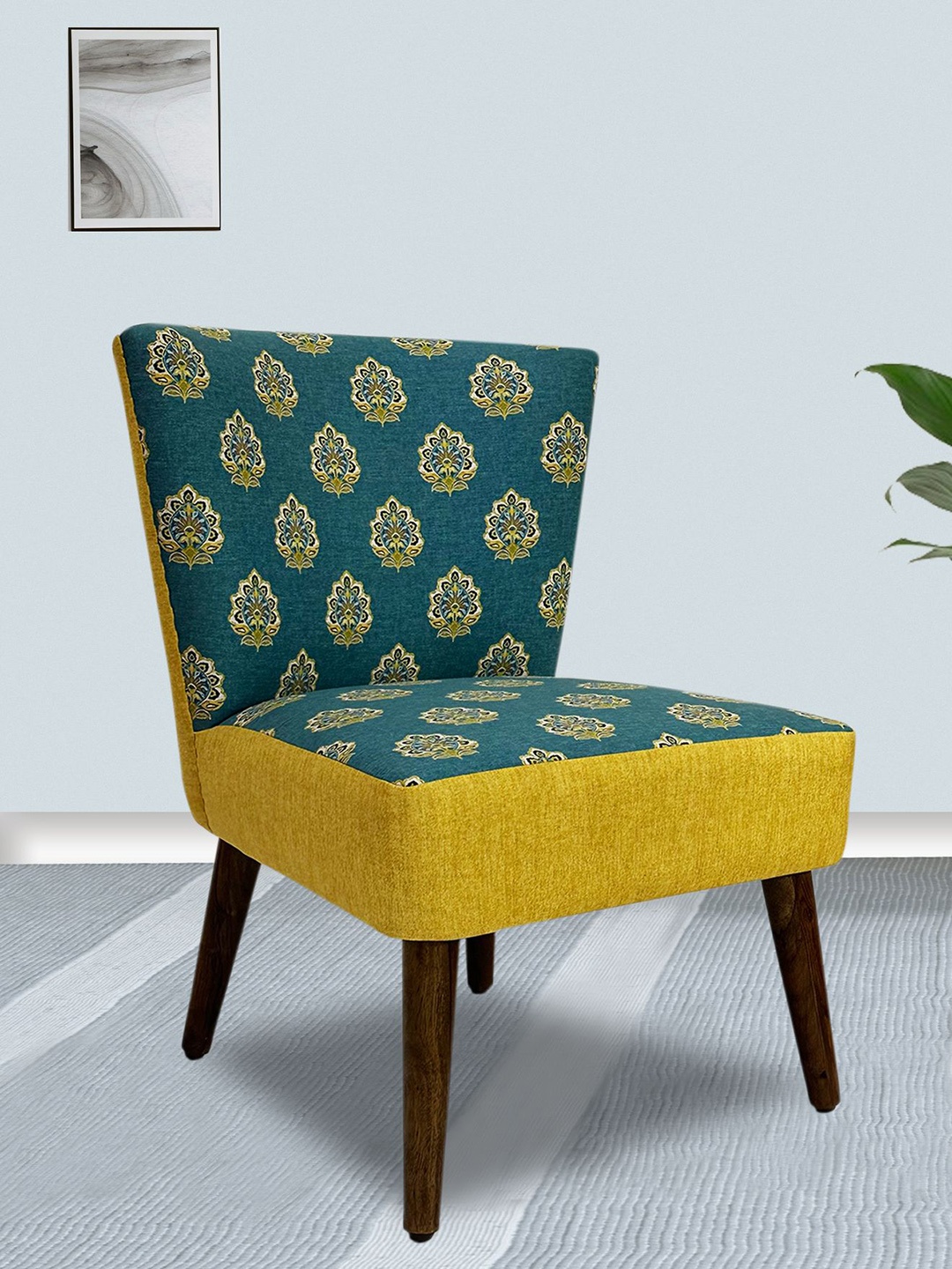 

GLOBALLY INDIAN Sea Green And Yellow Printed Modern Accent Wooden Lounge Chair