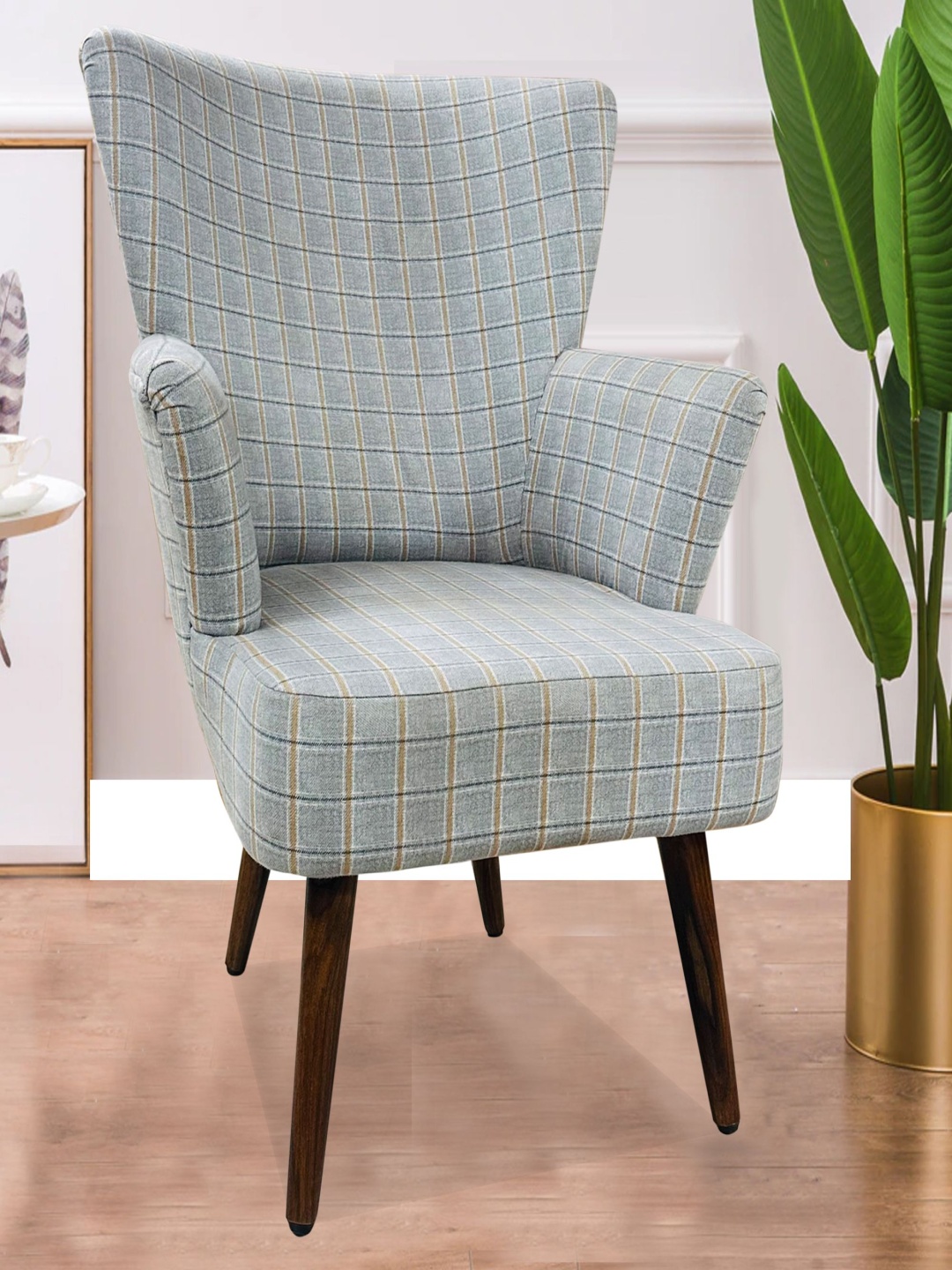 

GLOBALLY INDIAN Blue & Beige Checked Wooden Accent-Style Arm Lounge Chair