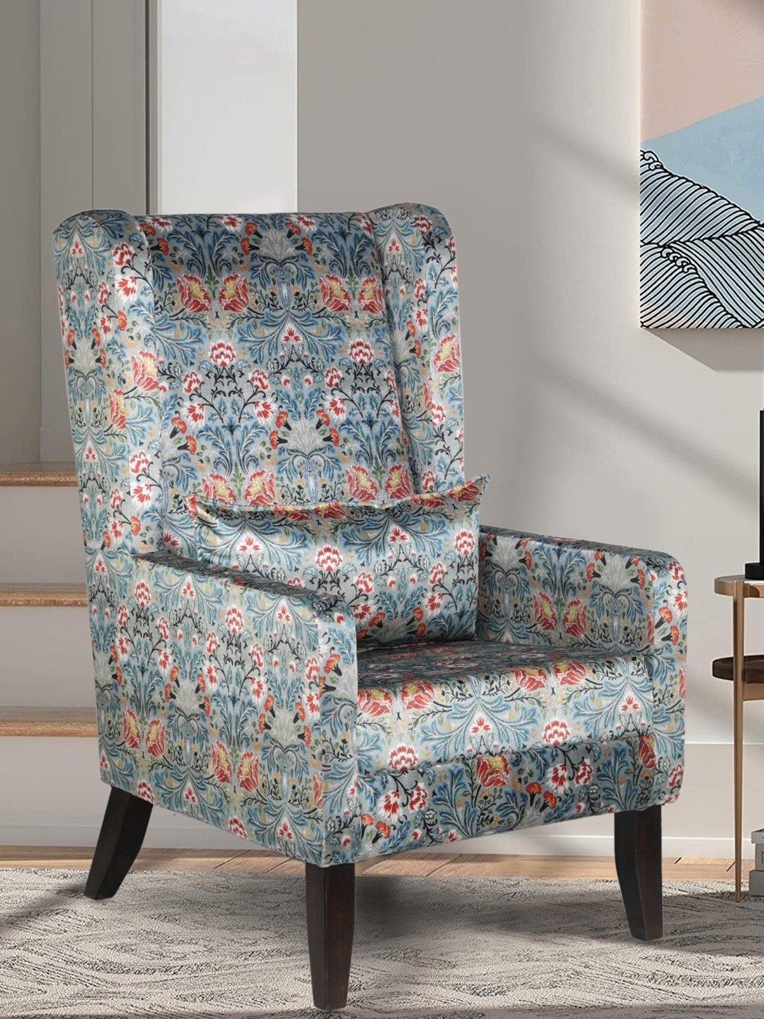 

GLOBALLY INDIAN Blue & Red Printed Wingback Lounge Chair