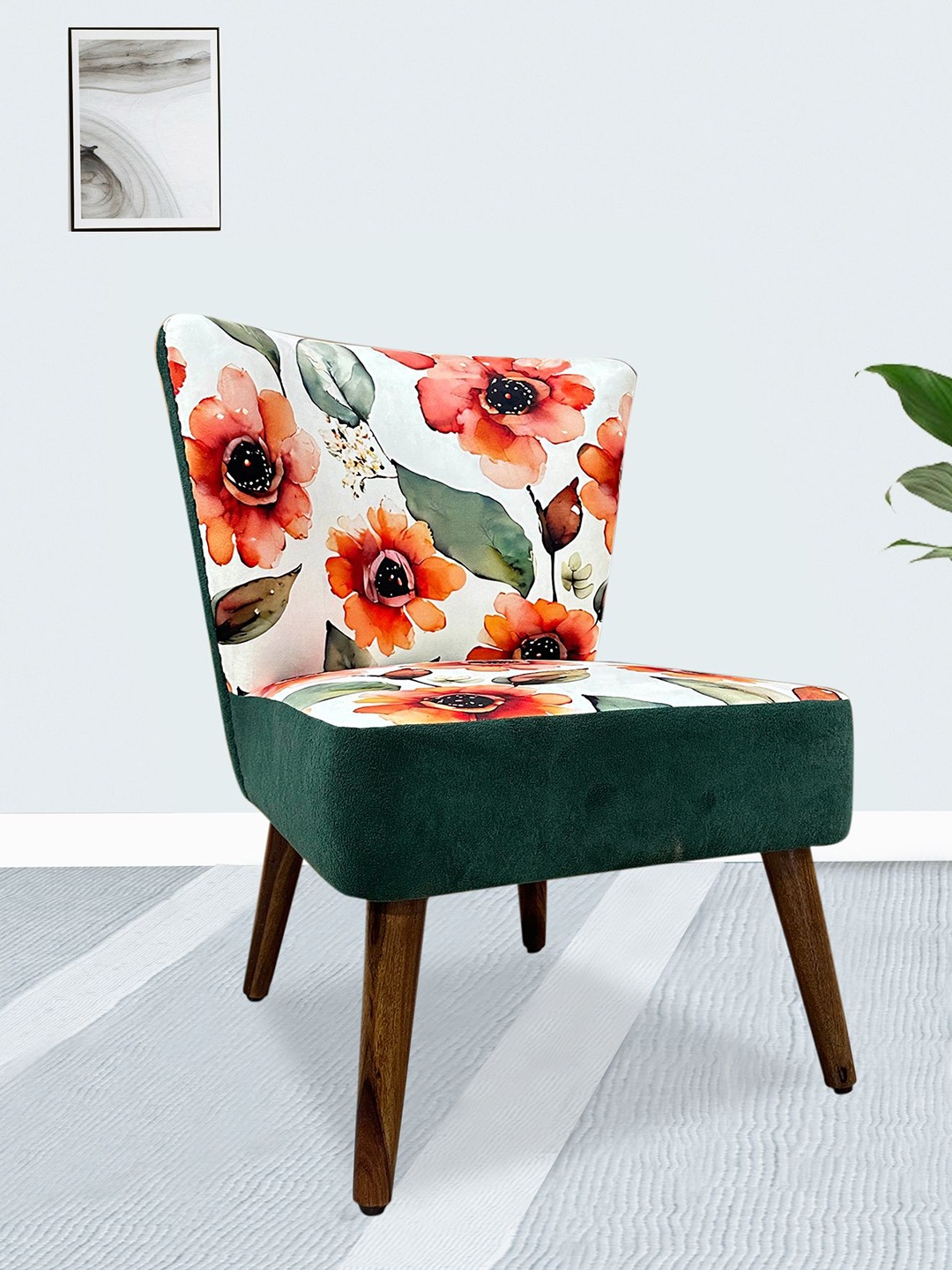 

GLOBALLY INDIAN Orange & Green Printed Wooden Accent -Style Lounge Chair