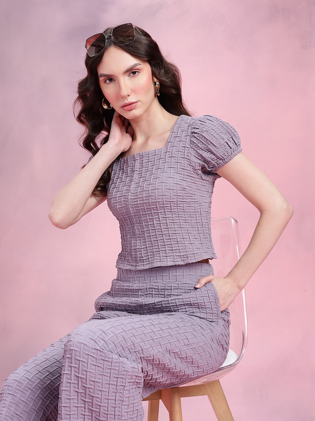 

DressBerry Textured Puff Sleeves Crop Top & Trousers Co-Ord Set, Lavender