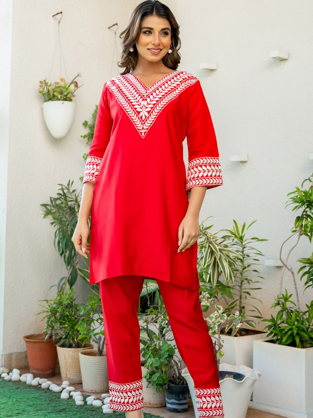 

PRETTY PALLU Floral Yoke Design V-Neck Embroidered Art Silk Straight Tunic With Trousers, Red
