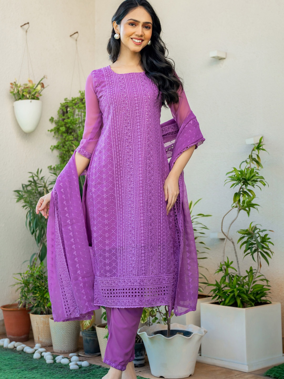 

PRETTY PALLU Floral Chikankari Embroidered Georgette Straight Kurta With Trouser & Dupatta, Purple