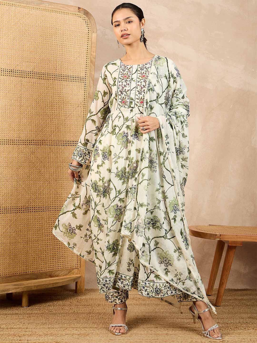 

all about you Floral Printed Beads And Stones Anarkali Kurta With Trousers And Dupatta, White