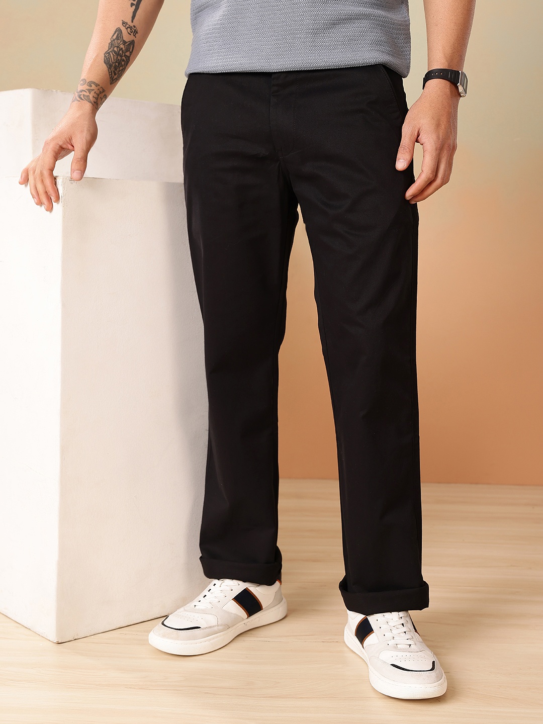 

Mast & Harbour Men Relaxed Straight Leg Chinos Trousers, Black