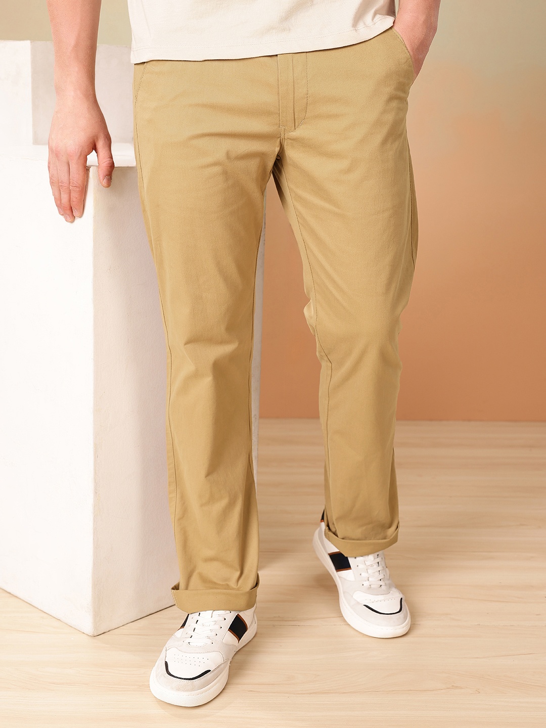 

Mast & Harbour Men Relaxed Straight Leg Straight Fit Chinos Trousers, Khaki