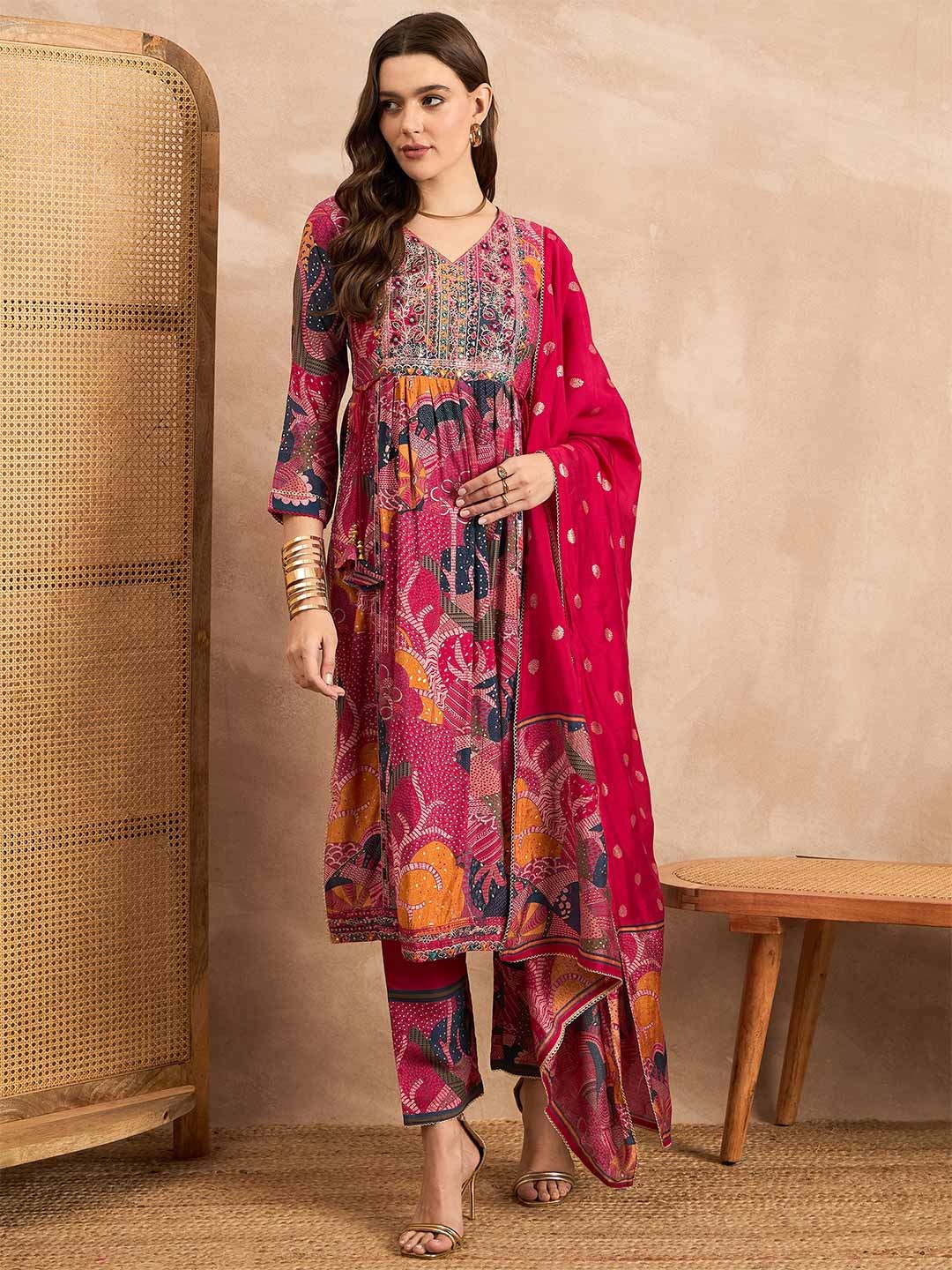 

CHETI Ethnic Motifs Printed Pleated Chanderi Silk A-Line Kurta With Trousers & Dupatta, Pink