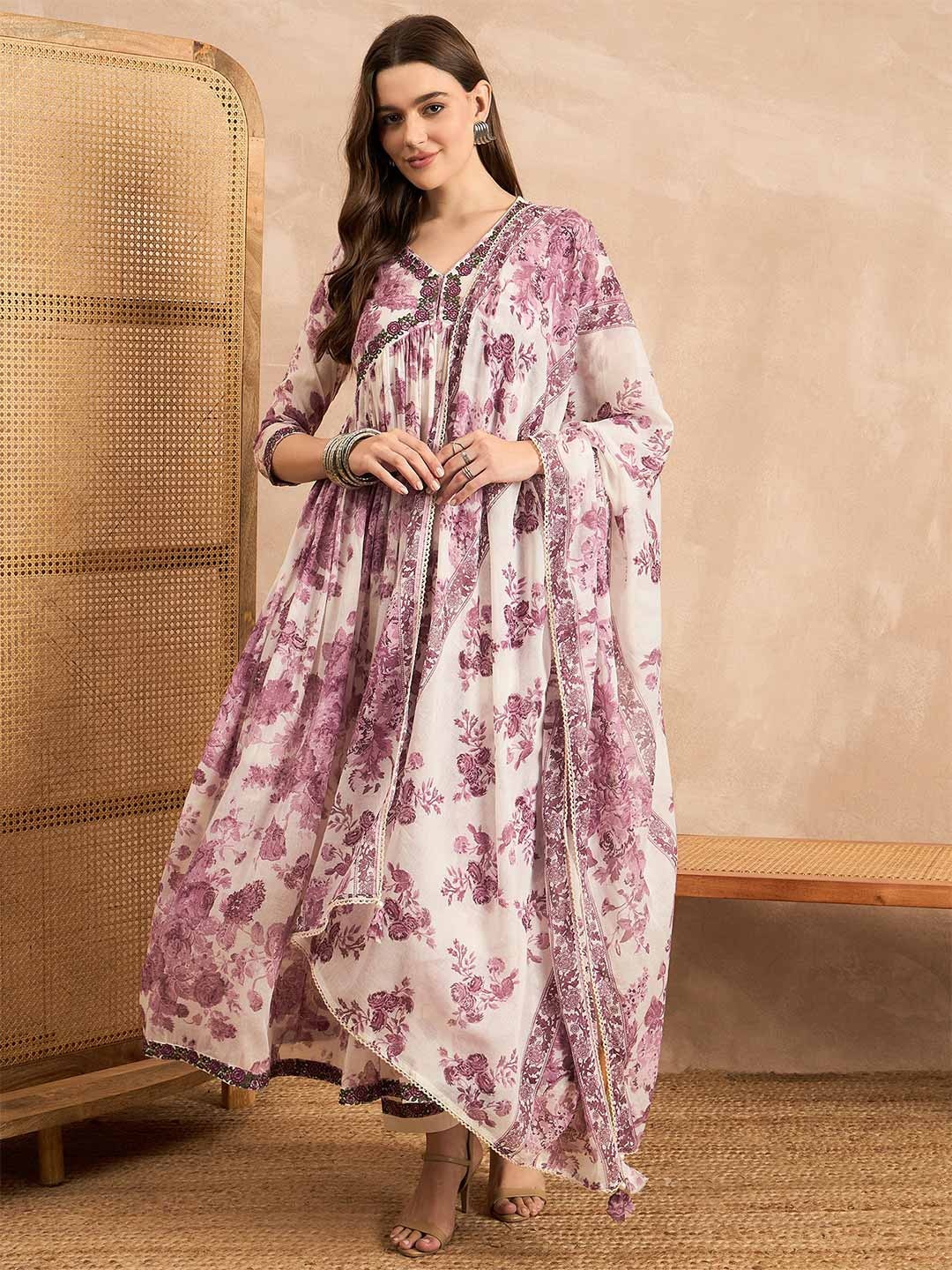 

CHETI Floral Printed Empire Sequinned Anarkali Kurta with Trousers & Dupatta, White