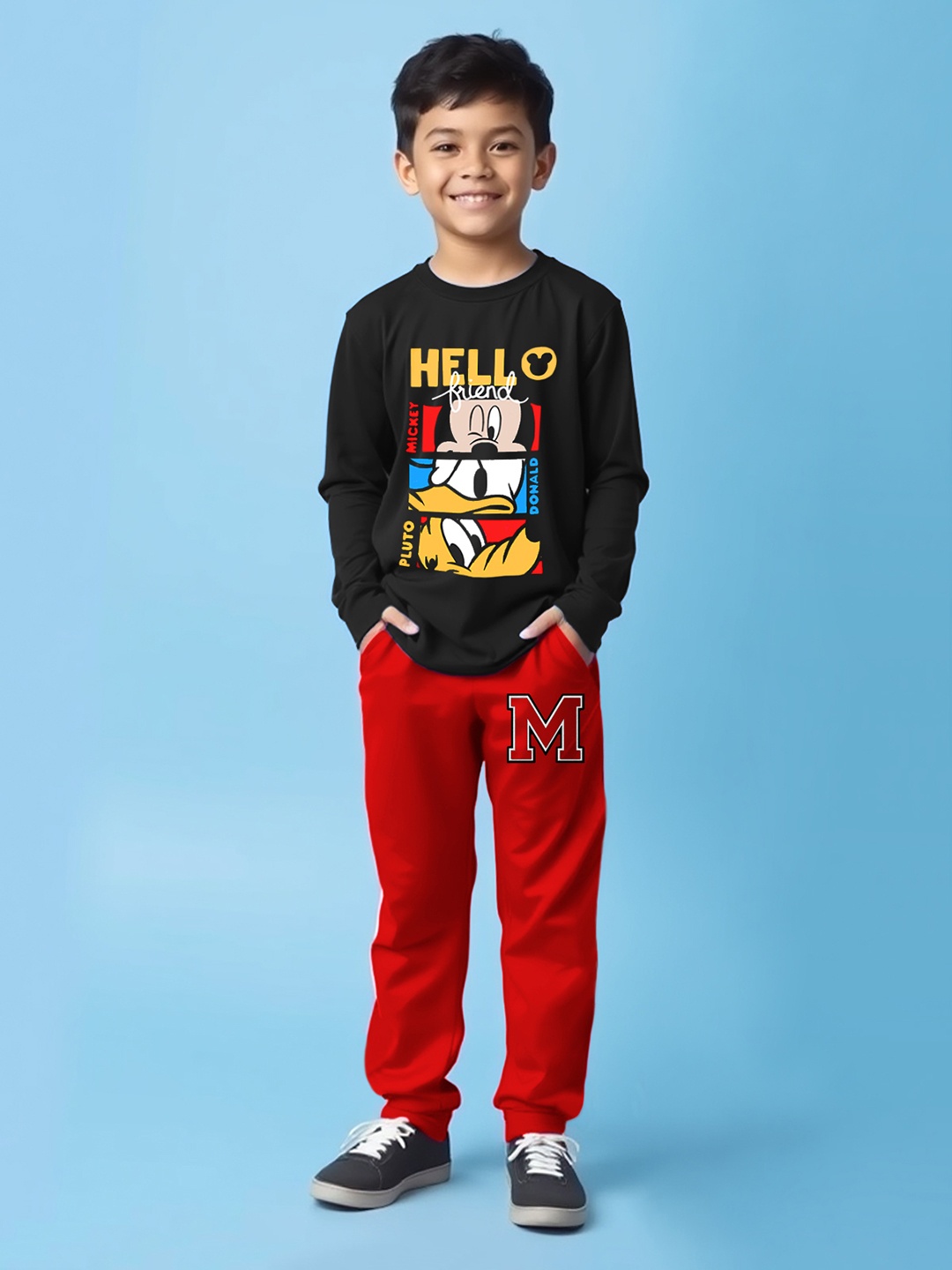 

Disney By Miss and Chief Boys Printed Round Neck T-shirt With Jogger, Black