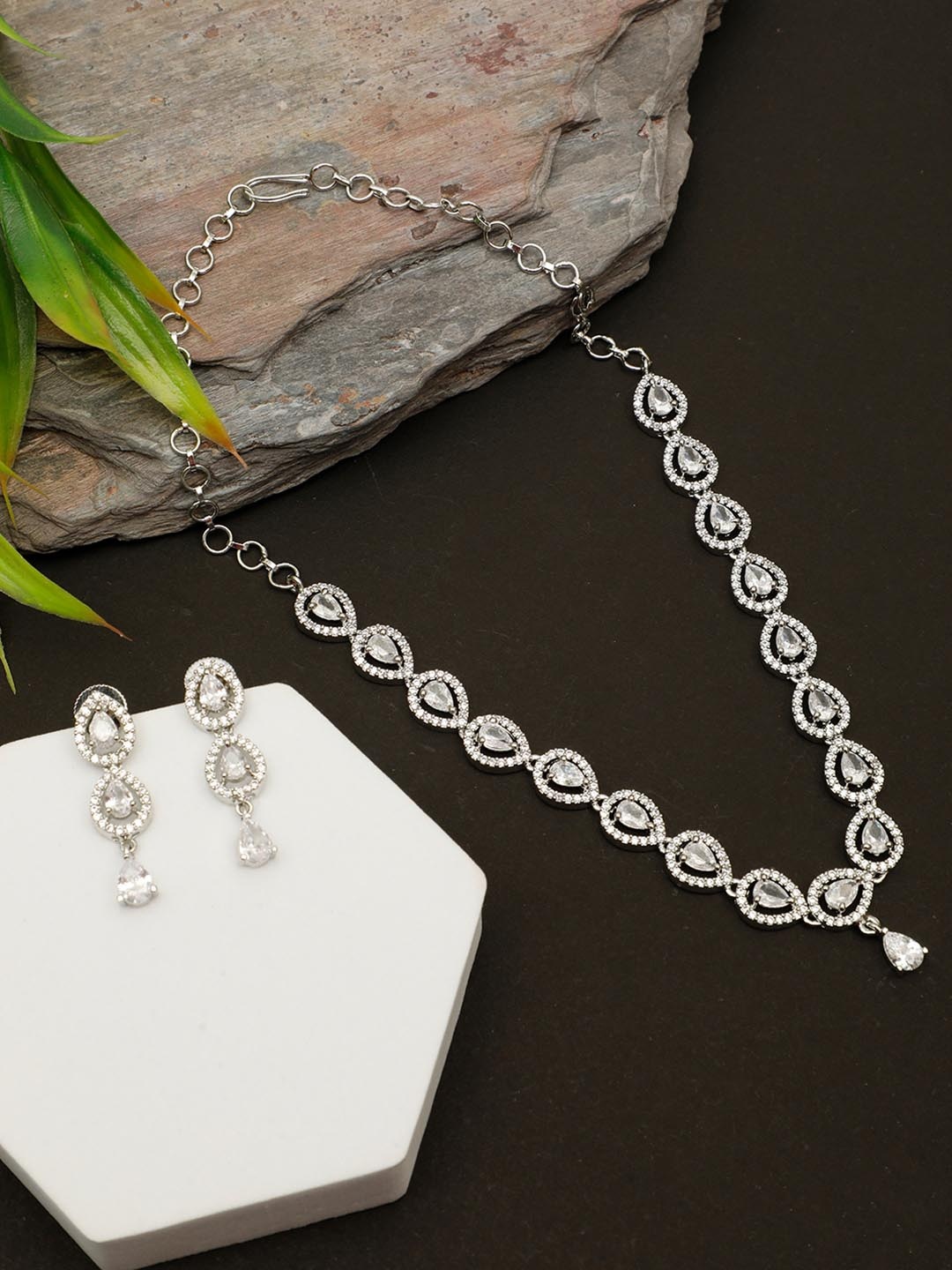 

VIVAZS Rhodium-Plated American Diamond Studded Jewellery Set, Silver