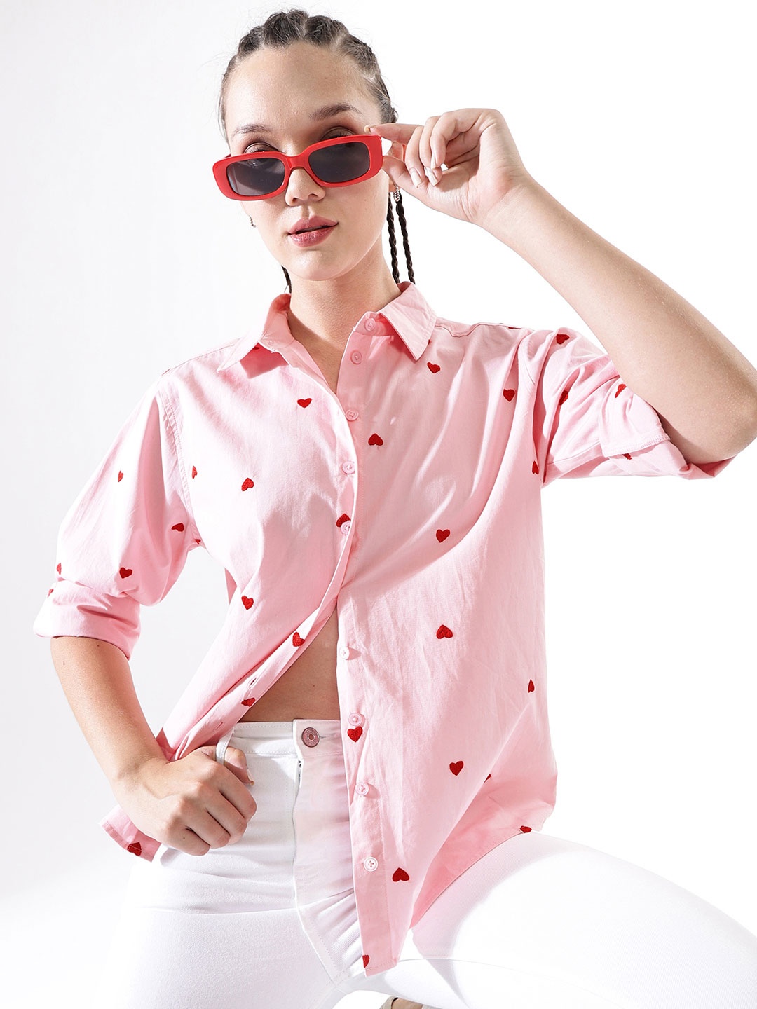 

Hubberholme Women Comfort Heart Shape Oversized Embroidered Casual Shirt, Pink