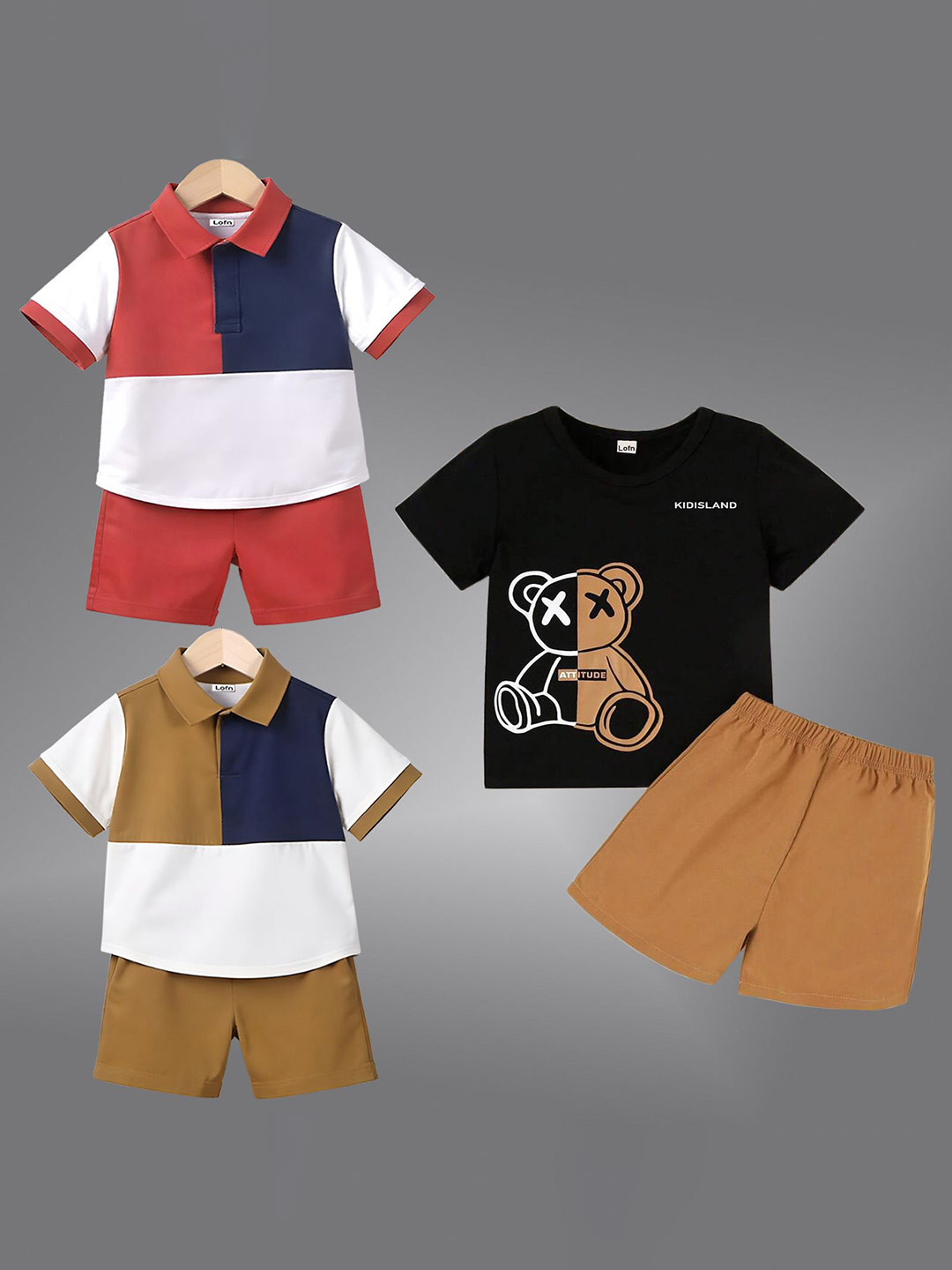 

Lofn Kids Pack Of 3 Colourblocked Short Sleeves T-Shirt With Shorts, Red