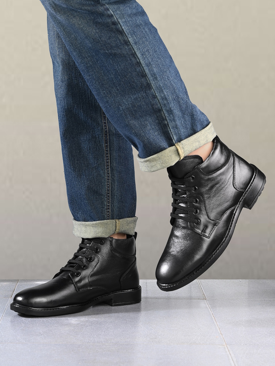 

AfroJack Men Leather Lace-Up Regular Boots, Black