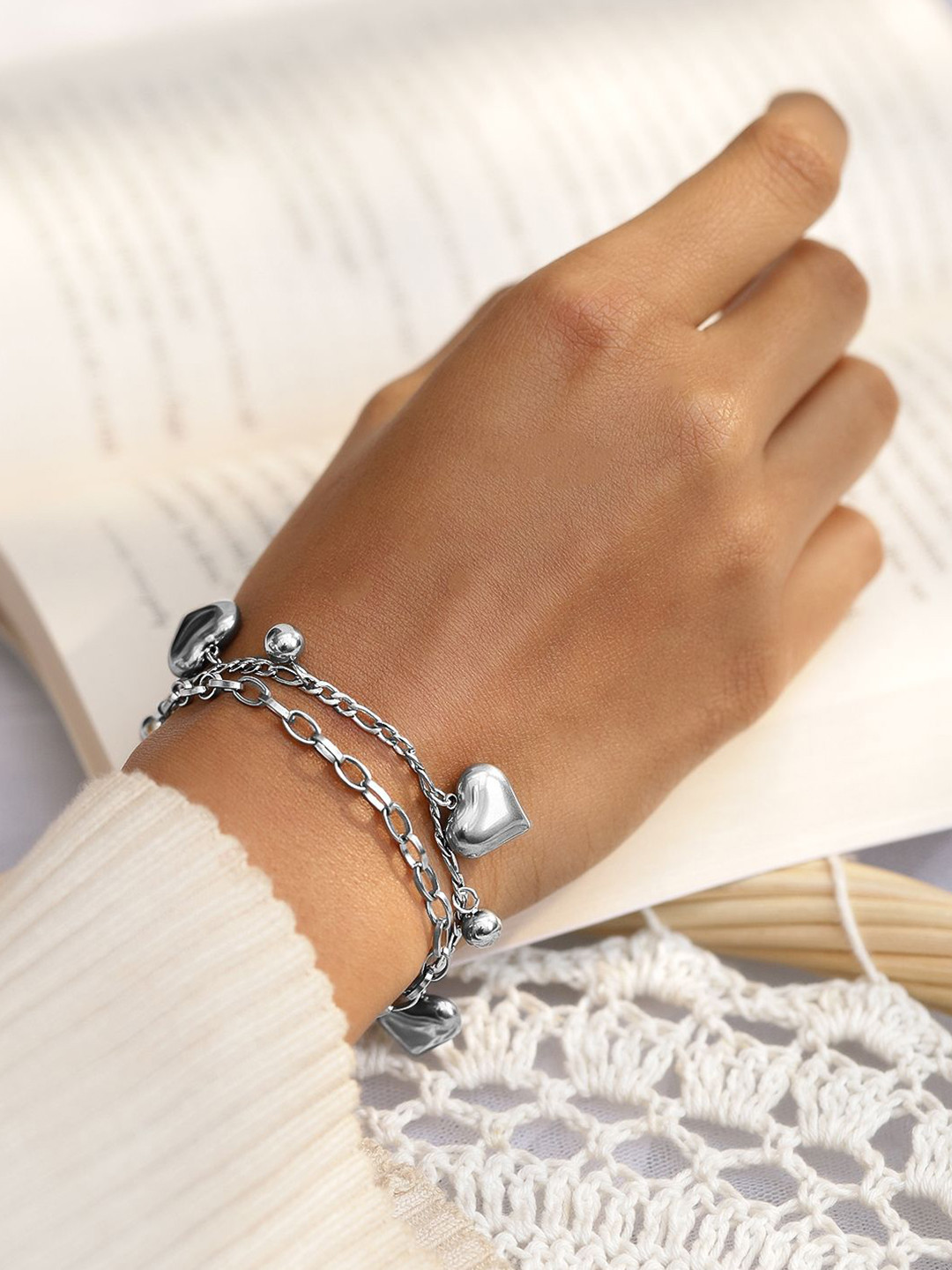 

Rubans Voguish Rhodium Plated StainlessSteel TarnishFree Waterproof Heart & Beads Bracelet, Silver