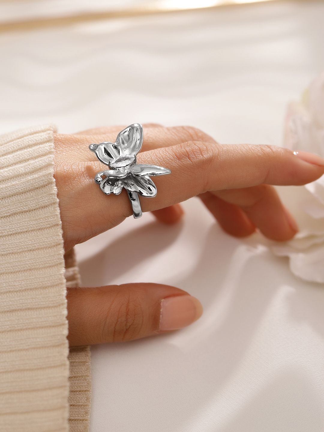 

Rubans Voguish Rhodium Plated Butterfly Design Statement Adjustable Ring, Silver