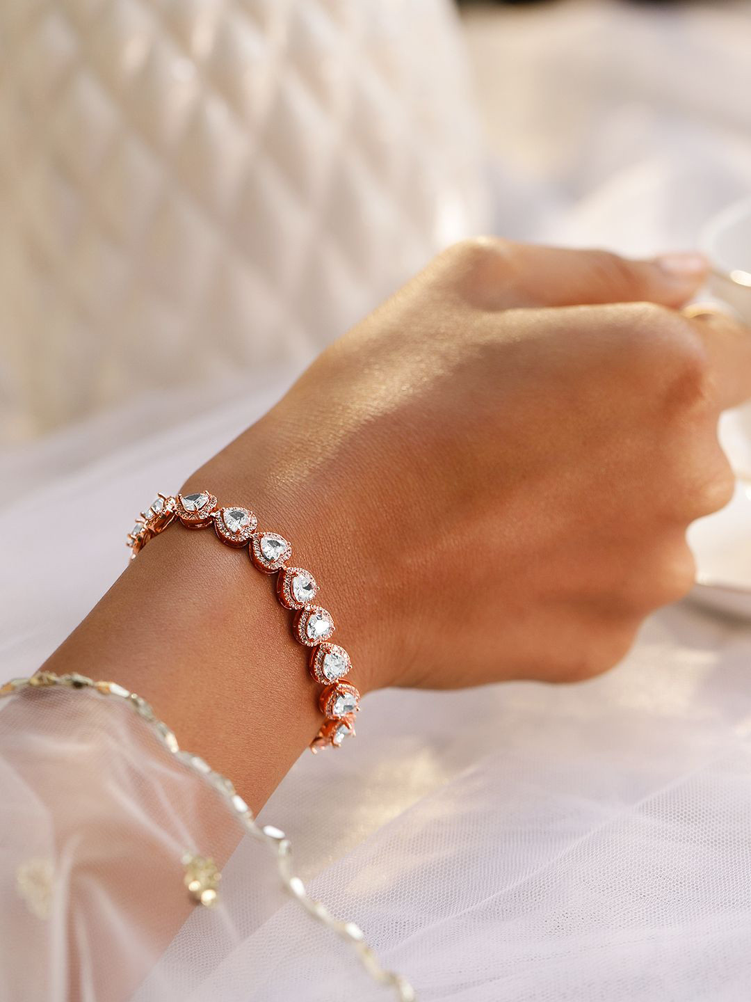 

Rubans 18K Rose Gold Plated AAA Cubic Zirconia Studded Heart Tennis Bracelet