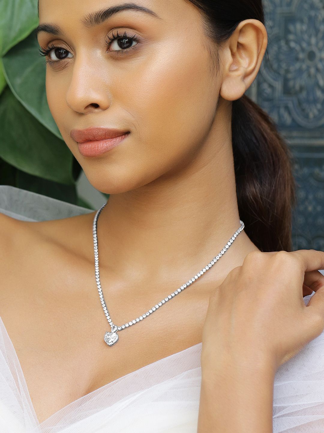 

Rubans Rhodium Plated AD & Cubic Zirconia Studded Heart Pendant Necklace, Silver