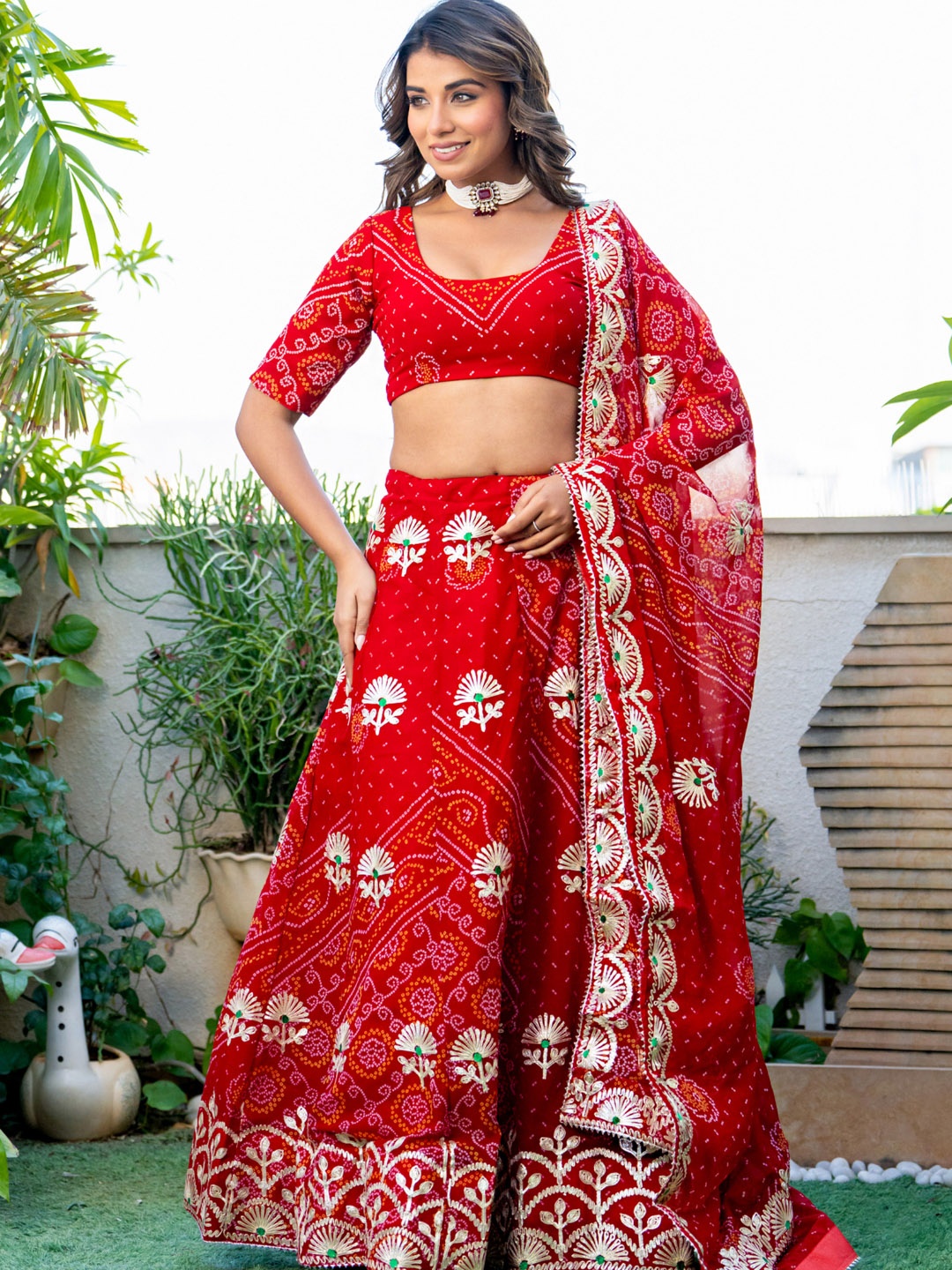 

PRETTY PALLU Bandhani Printed Gotta Patti Work Lehenga With Blouse & Dupatta, Red