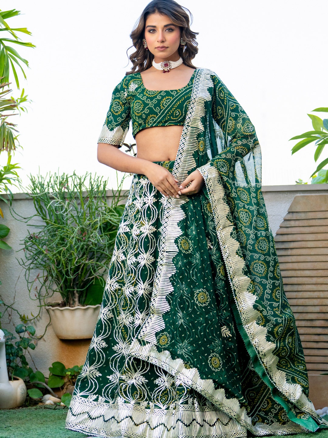 

PRETTY PALLU Bandhani Printed Gotta Patti Work Lehenga With Blouse & Dupatta, Green