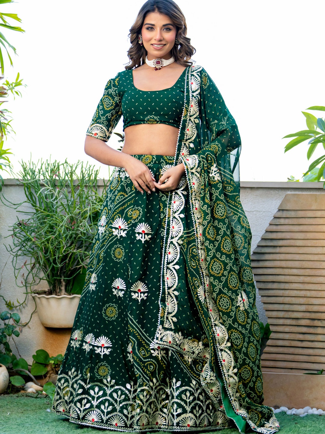 

PRETTY PALLU Bandhani Printed Thread Work Lehenga With Blouse & Dupatta, Green