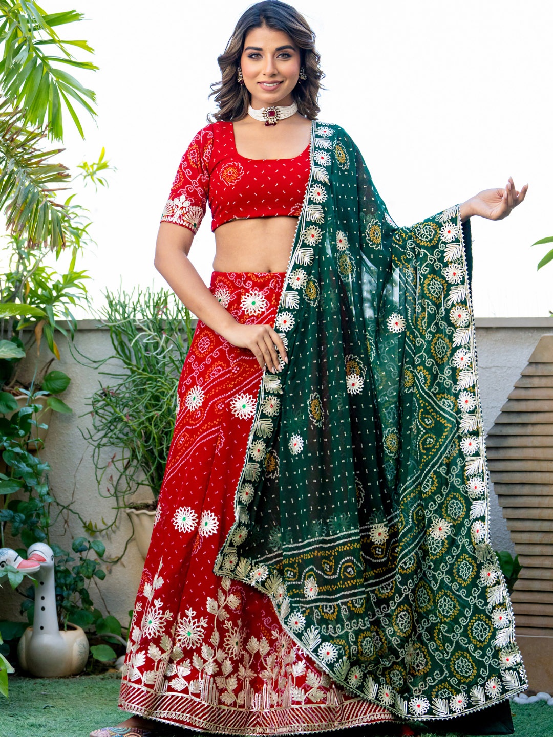 

PRETTY PALLU Bandhani Printed Gotta Patti Work Lehenga With Blouse & Dupatta, Red