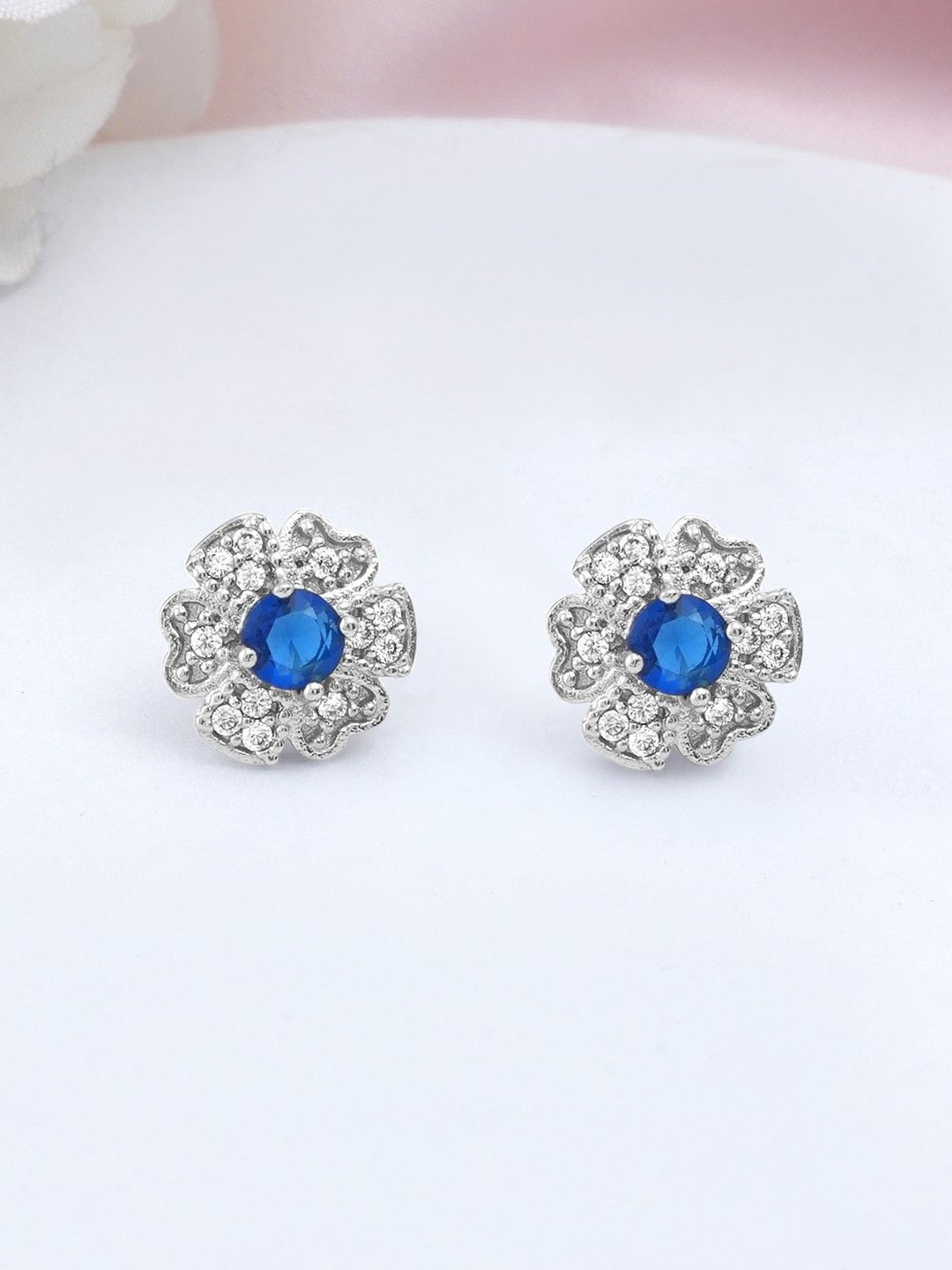 

Zavya 925 Pure Silver Rhodium-Plated Cubic Zirconia Floral Shaped Studs