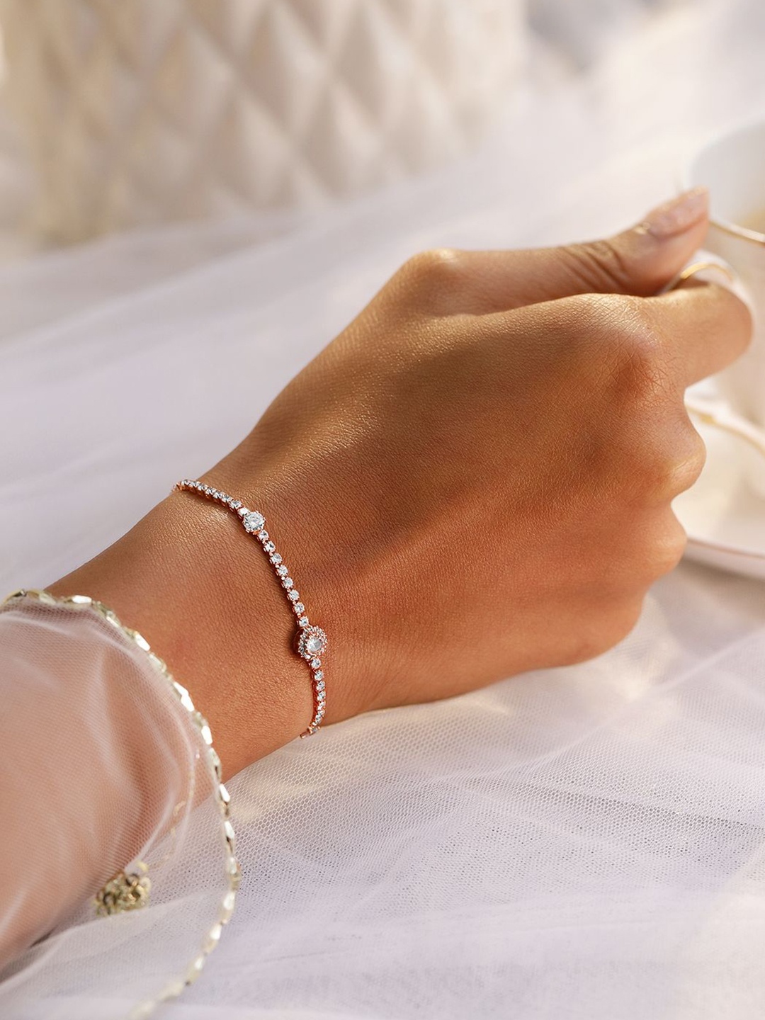 

Rubans 18K Rose Gold Plated Cubic Zirconia Studded Tennis Bracelet