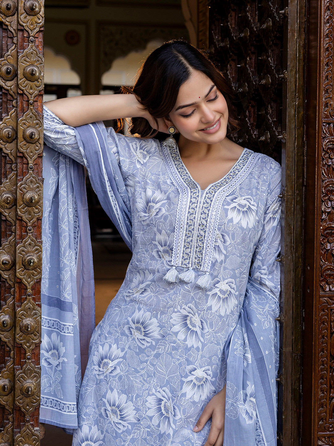 

EthniFlair Floral Printed V-Neck Pure Cotton Straight Kurta With Trousers And Dupatta, Blue