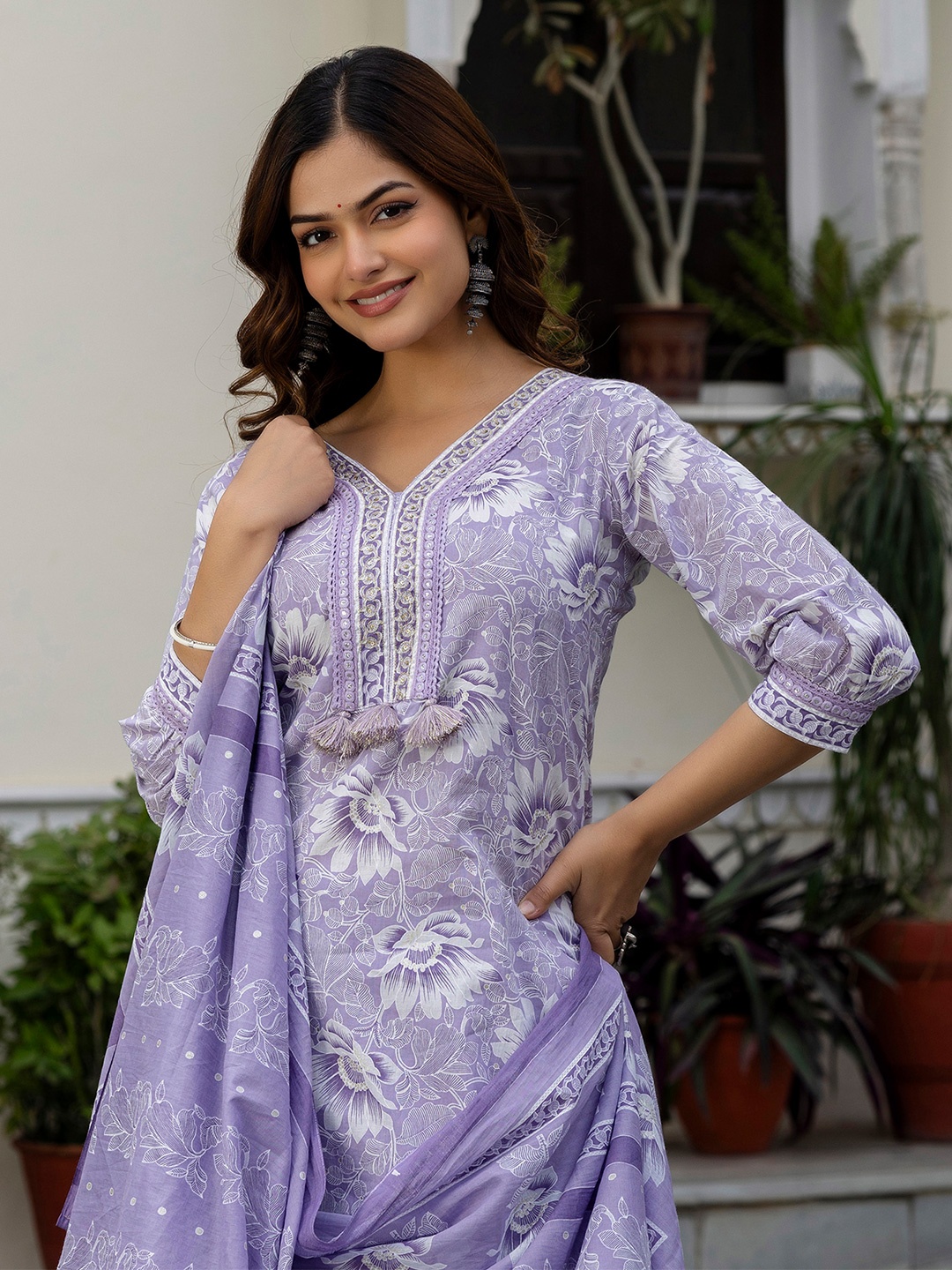 

EthniFlair Floral Printed V-Neck Pure Cotton Straight Kurta With Trousers And Dupatta, Purple