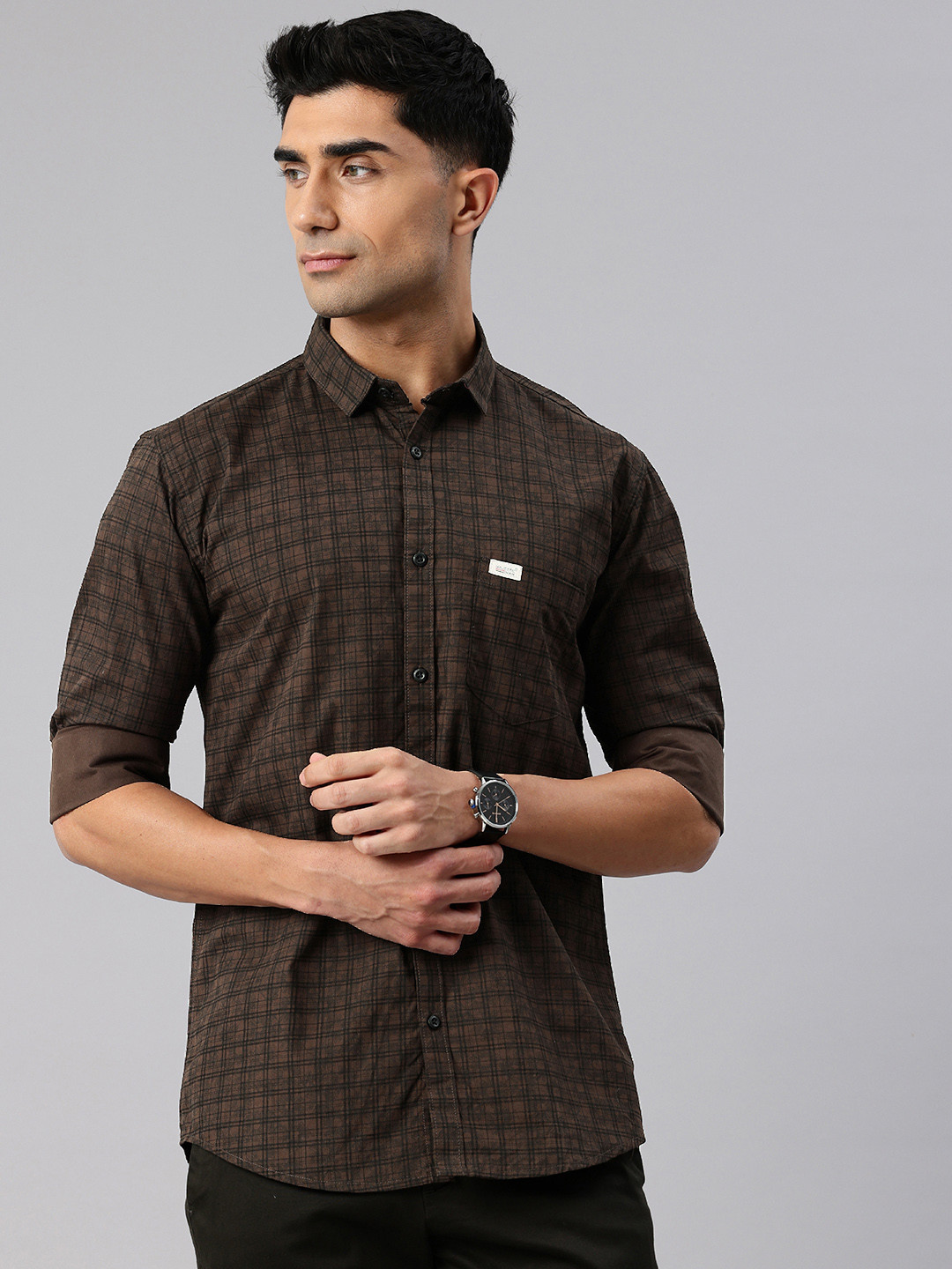 

Majestic Man Men Comfort Slim Fit Checked Pure Cotton Casual Shirt, Brown