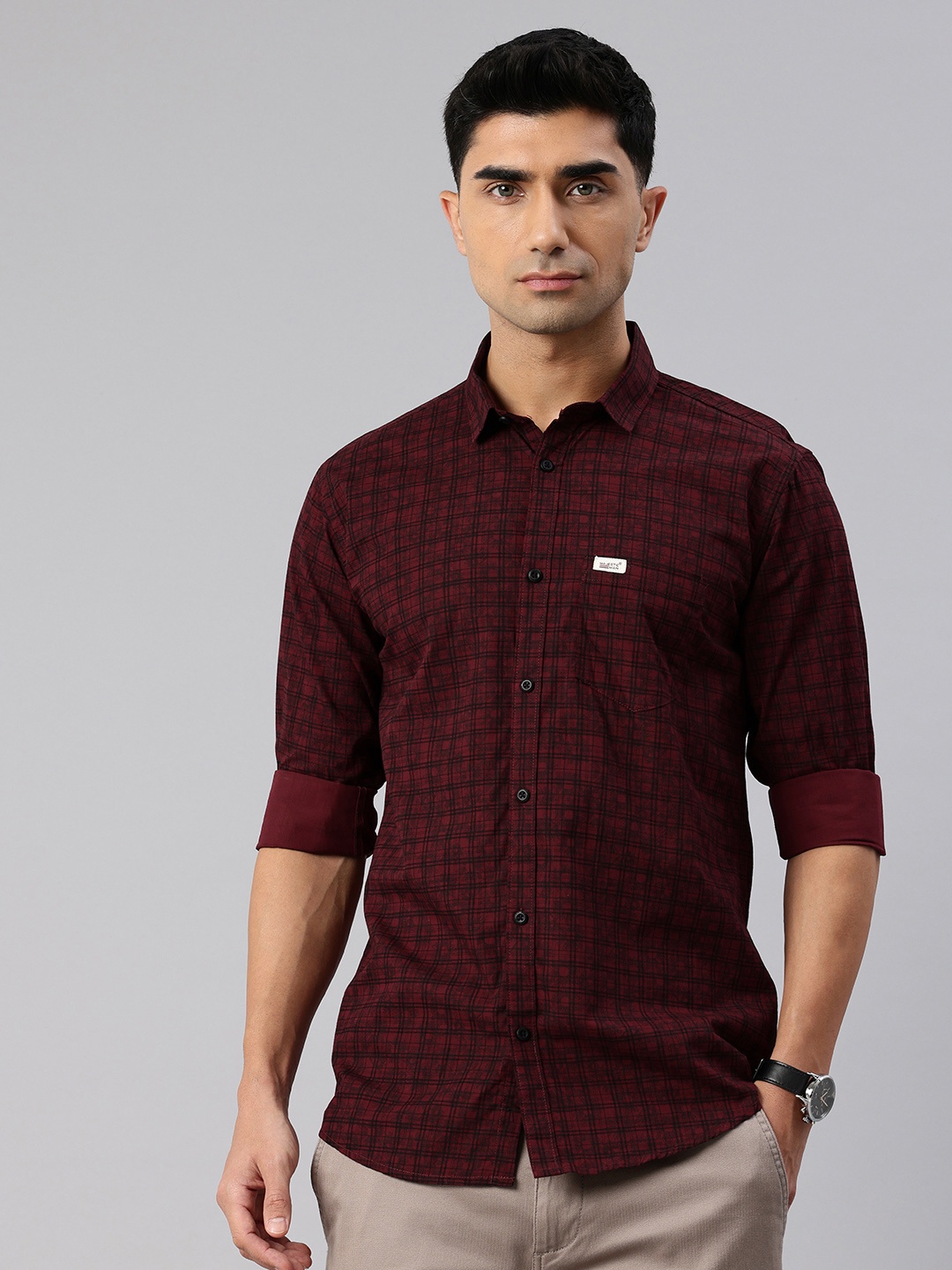 

Majestic Man Men Comfort Slim Fit Floral Checked Pure Cotton Casual Shirt, Maroon