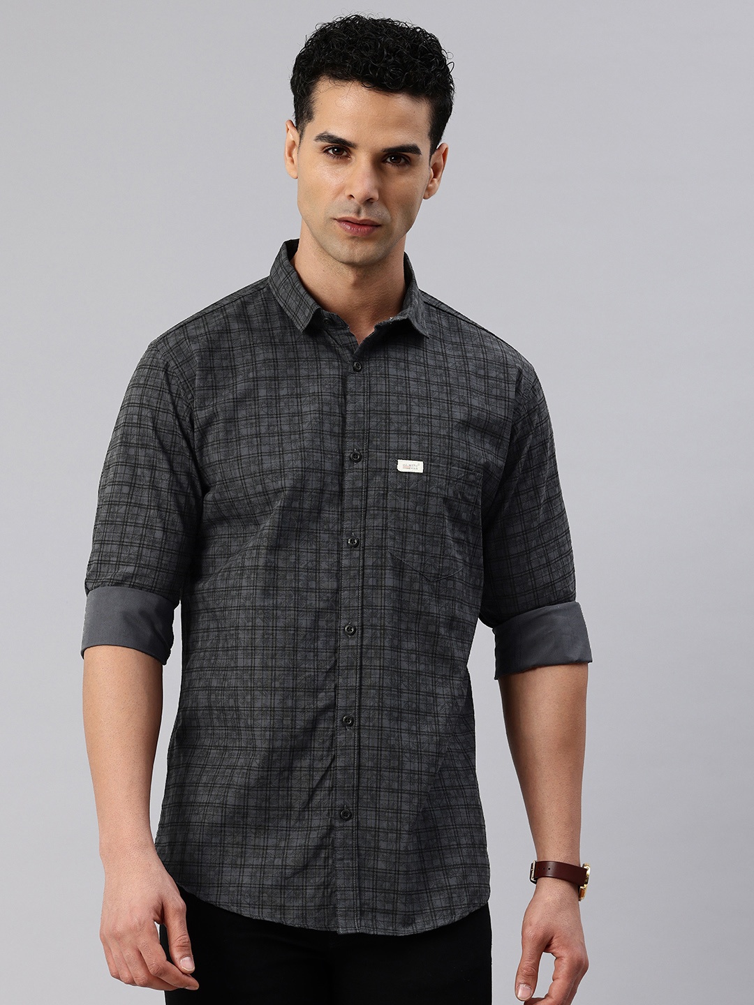 

Majestic Man Men Comfort Slim Fit Checked Pure Cotton Casual Shirt, Grey