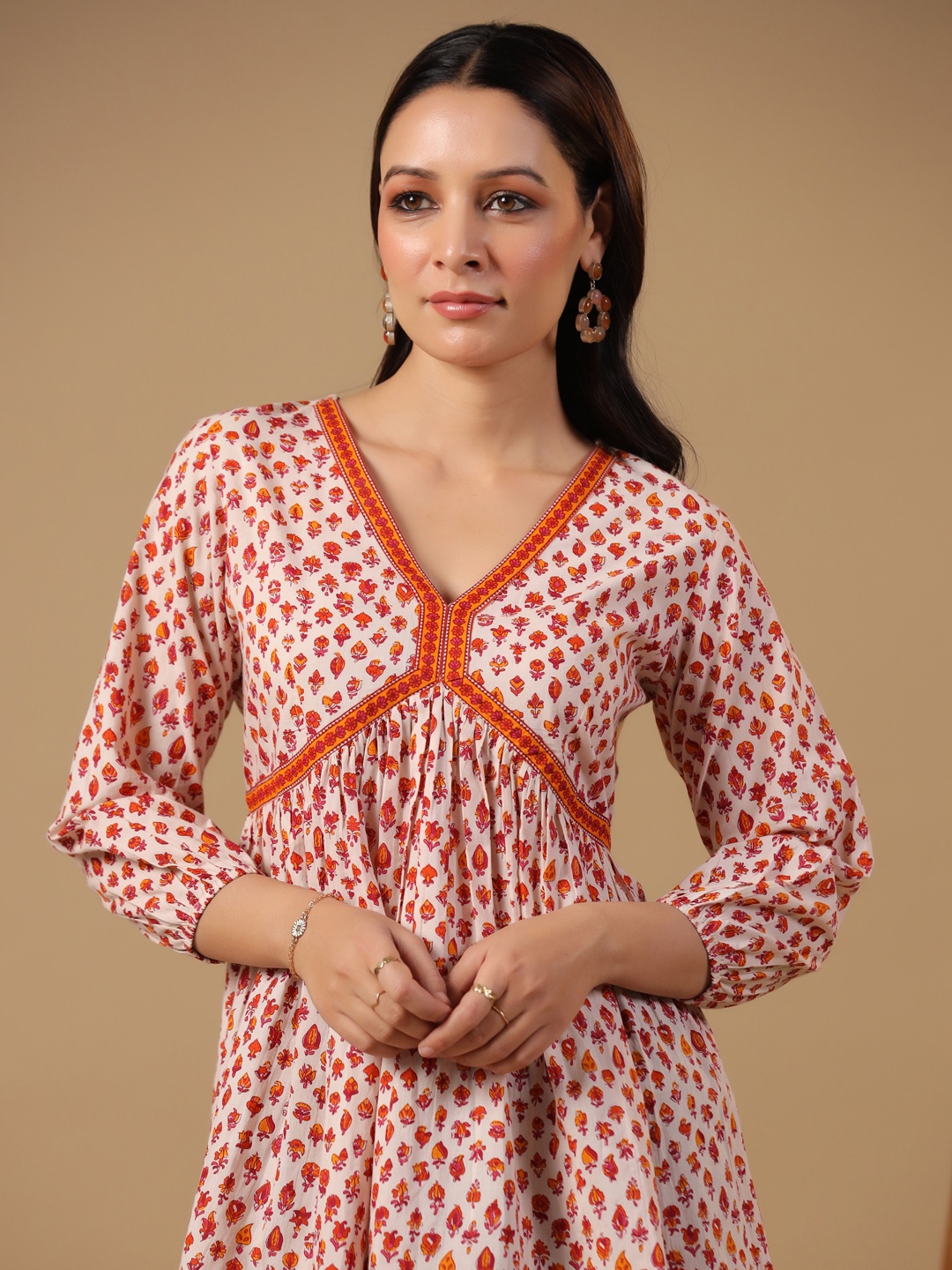 

anayna Women Floral Printed V-Neck Pure Cotton Pleated Anarkali Kurti, Orange