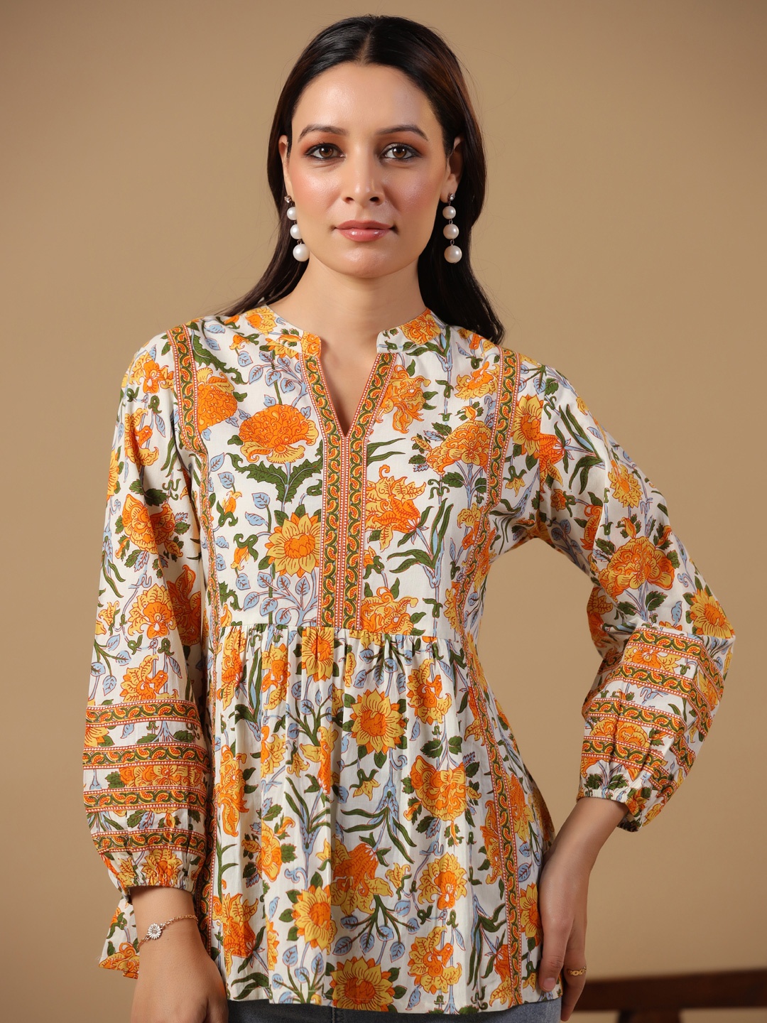 

anayna Women Floral Printed Pure Cotton Pleated Kurti, Yellow