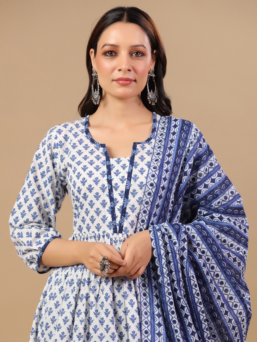 

anayna Ethnic Motifs Printed Pure Cotton Round Neck Anarkali Kurta with Trousers & Dupatta, White