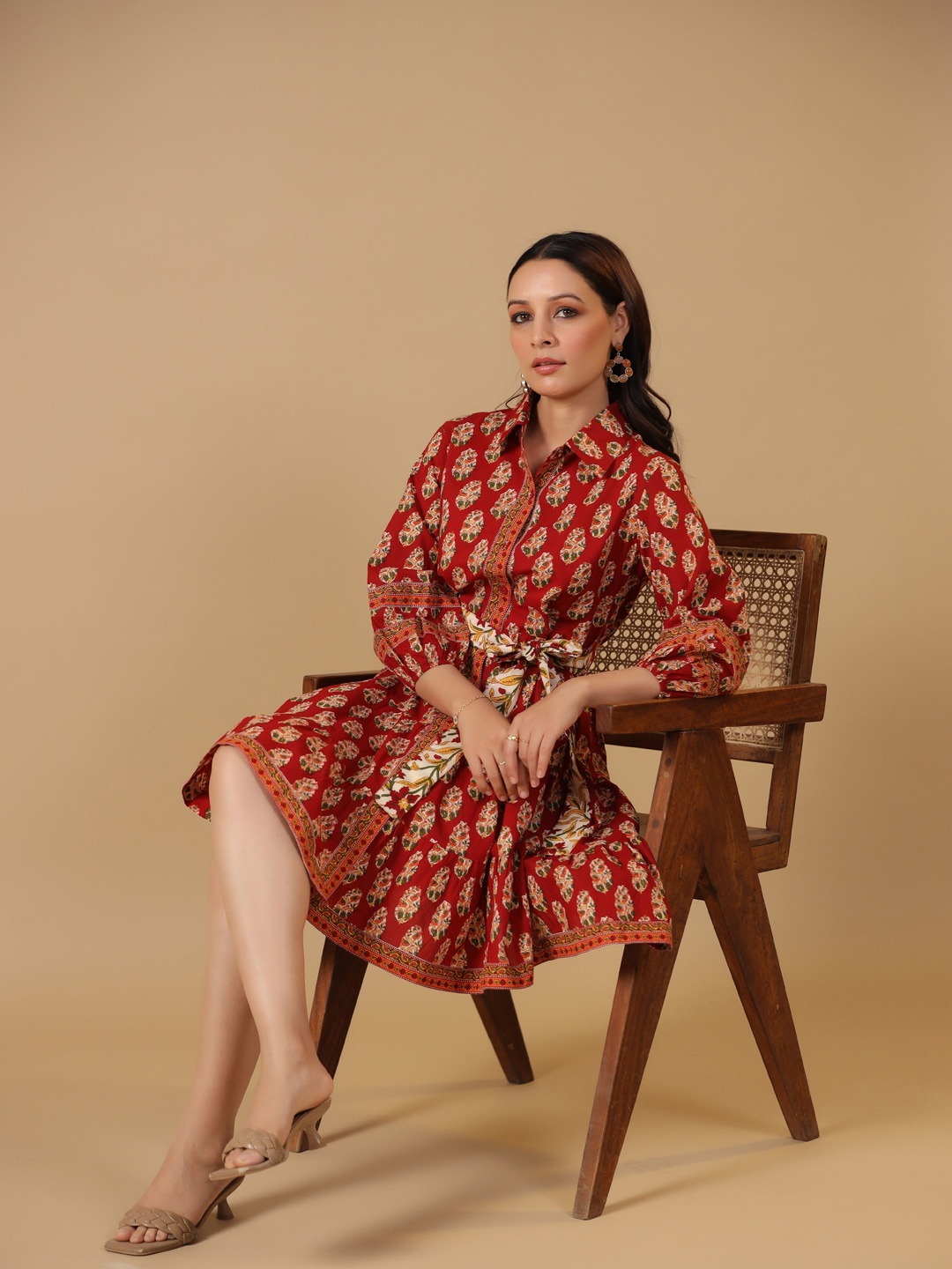 

anayna Ethnic Motifs Printed Cotton Shirt Dress, Red