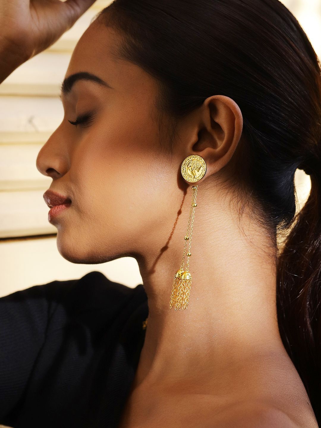 

Rubans Voguish 18K Gold Plated Coin Motif Chain Tassel Drop Earrings Regal Elegance