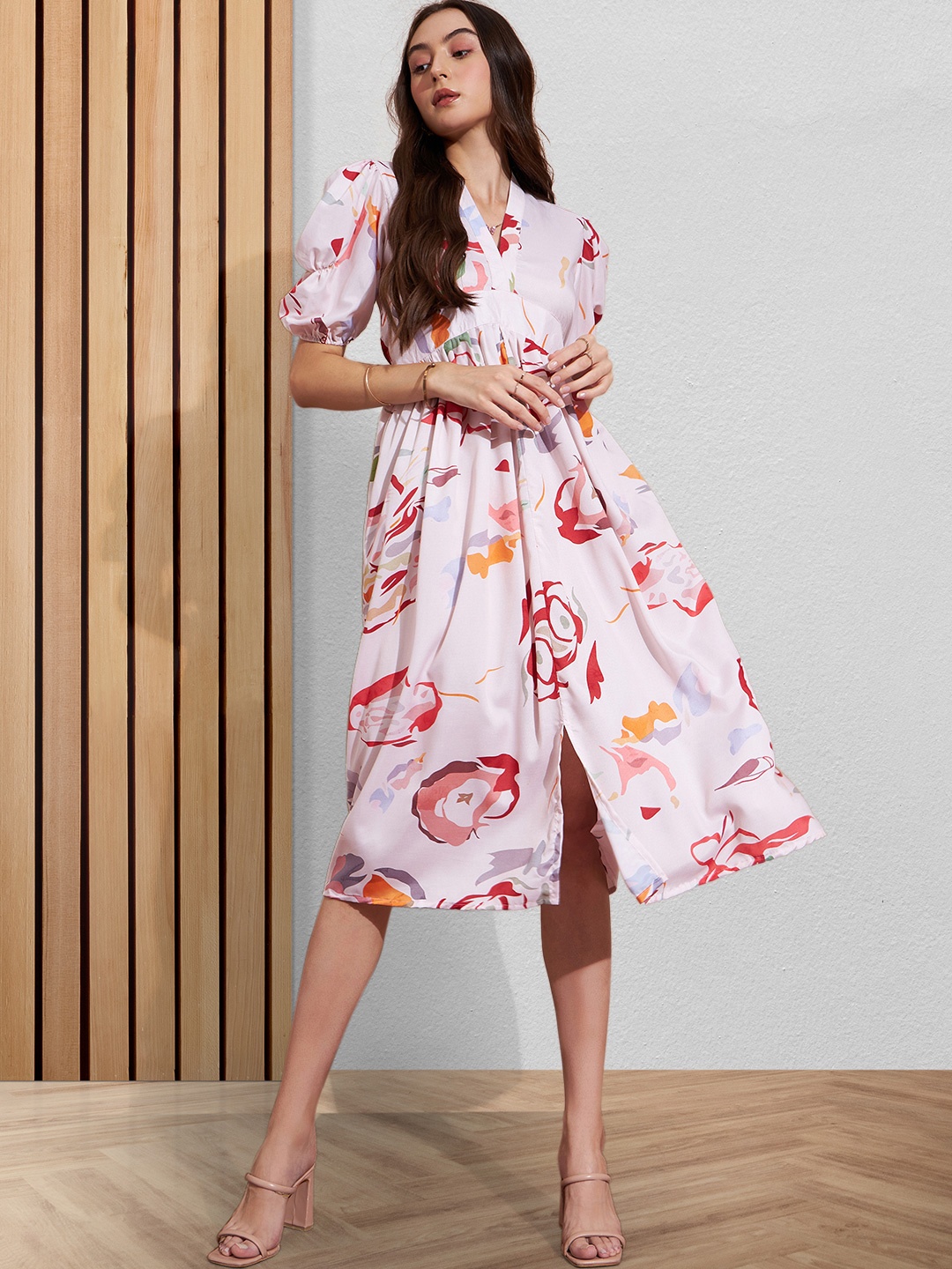 

DressBerry 765 Women Floral Print Puff Sleeve Fit & Flare Maxi Dress, White
