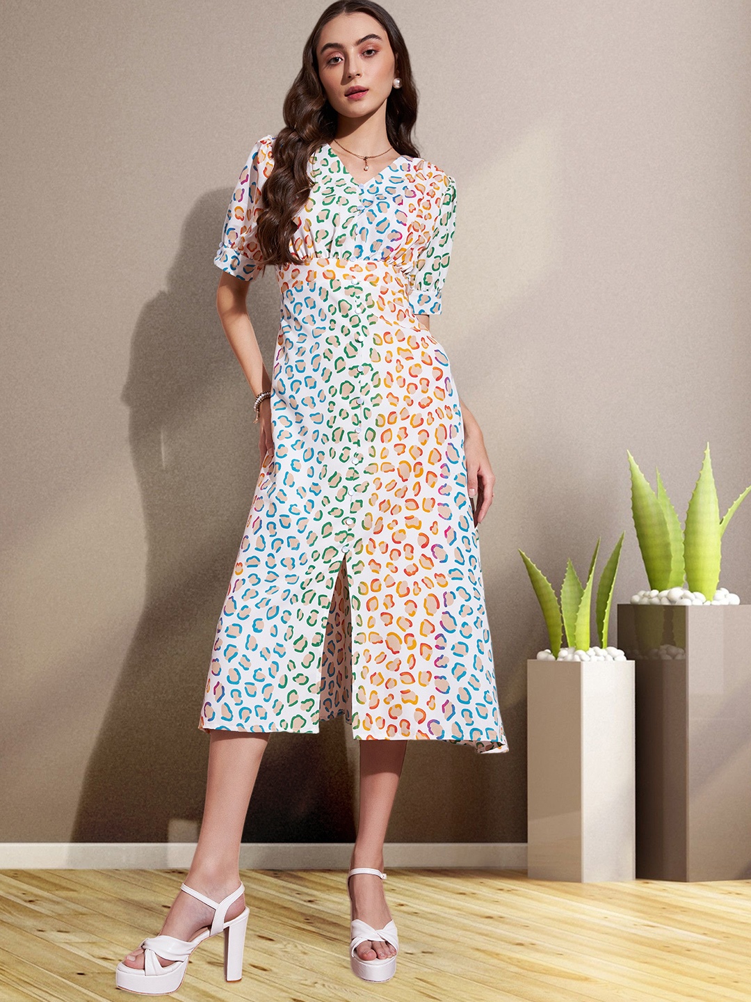 

DressBerry Women Print V Neck Puff Sleeve A-Line Midi Dress, Blue