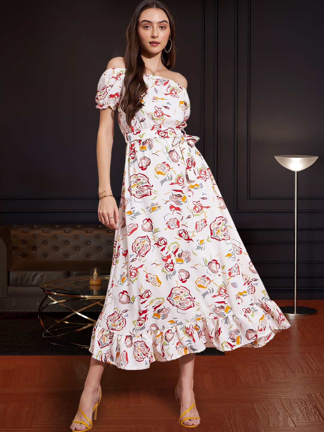 

DressBerry Women Floral Printed Off-Shoulder Puff Sleeve Midi A-Line Dress, White