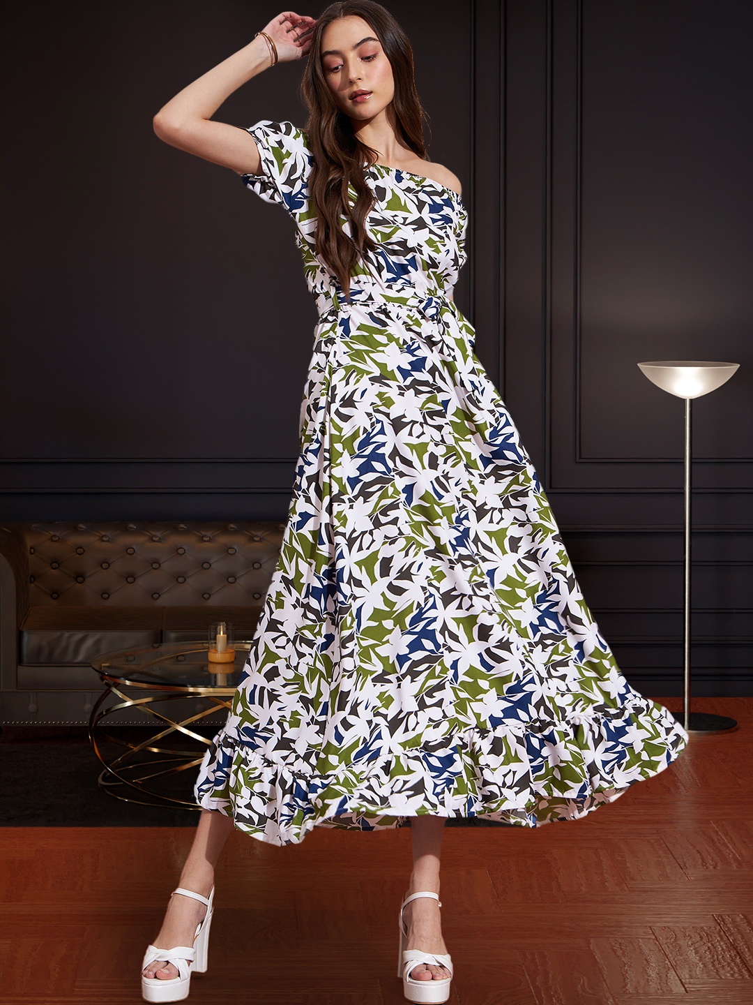 

DressBerry Floral Print Off-Shoulder Puff Sleeve A-Line Midi Dress, White