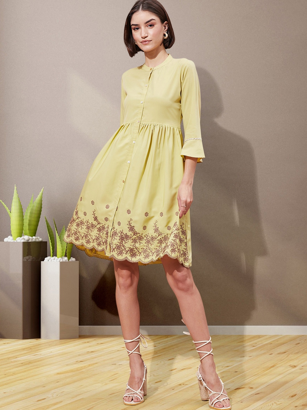 

DressBerry Women Floral Embroidered A-Line Dress, Yellow