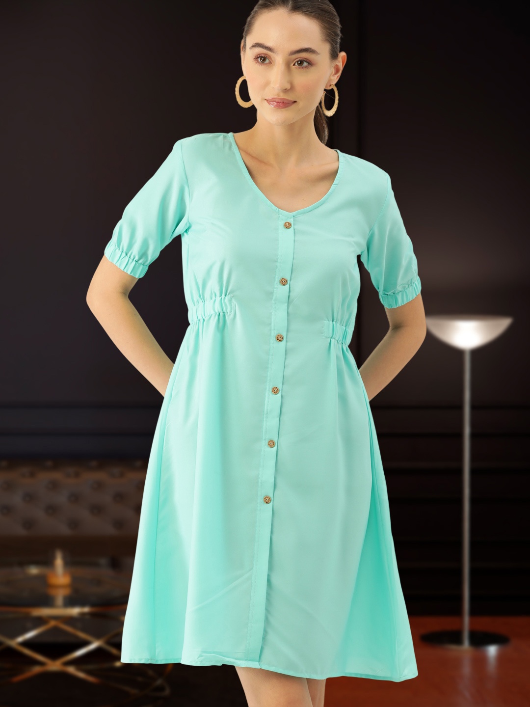 

DressBerry Women Puff Sleeve Fit & Flare Dress, Blue