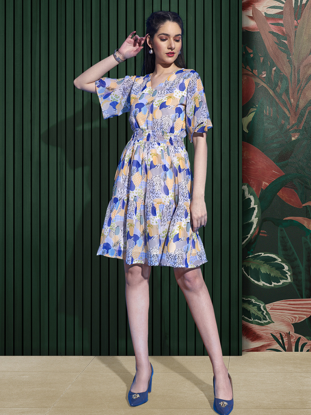 

DressBerry Women Printed Flared Sleeve Smocked Georgette Fit & Flare Dress, Blue