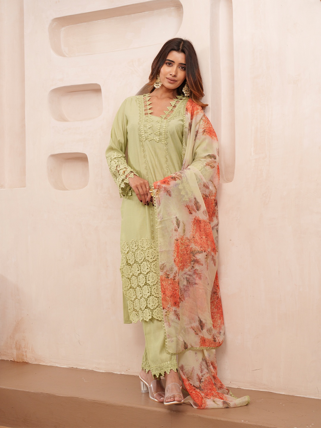 

House of Pataudi Self Design V-Neck Straight Kurta & Trouser With Dupatta, Olive