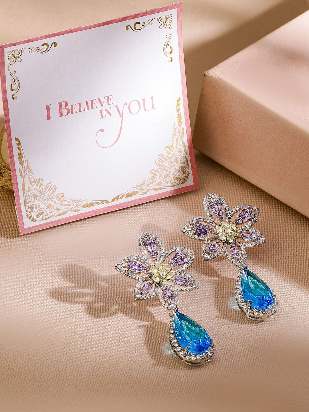 

Rubans Valentine's Rhodium-Plated Multicolor AD & CZ Studded Floral Drop Earrings, Silver