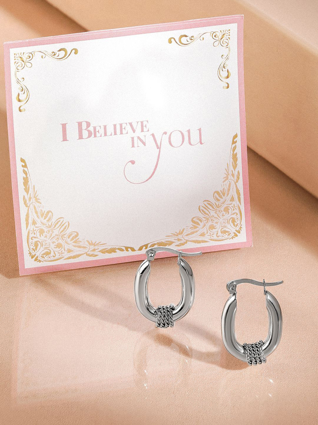 

Rubans Valentine's Rhodium-Plated Stainless-Steel Tarnish-Free Waterproof Hoop Earrings, Silver