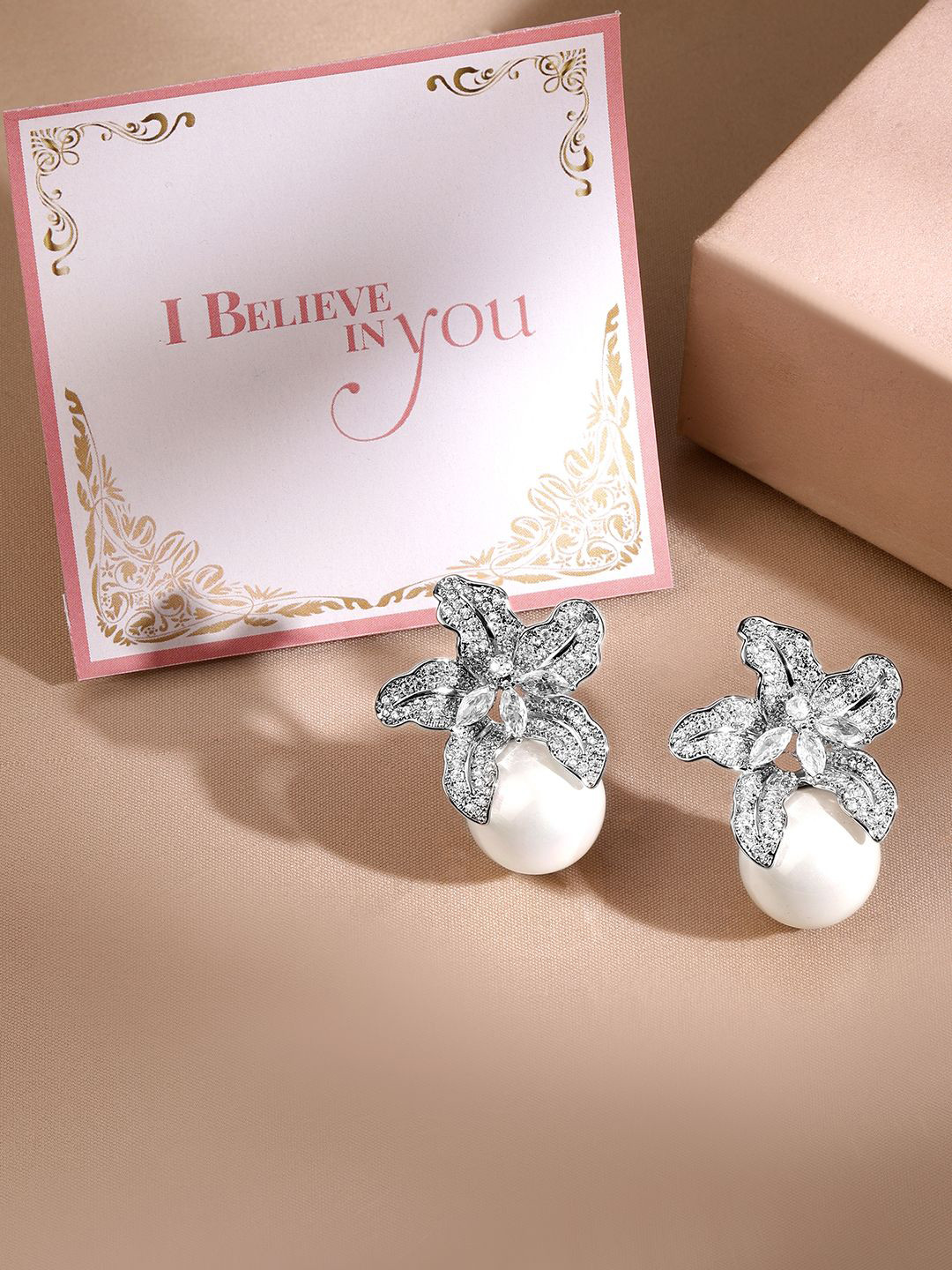 

Rubans Valentine's Rhodium Plated AD & Cubic Zirconia Studded Floral Pearl Drop Earrings, Silver